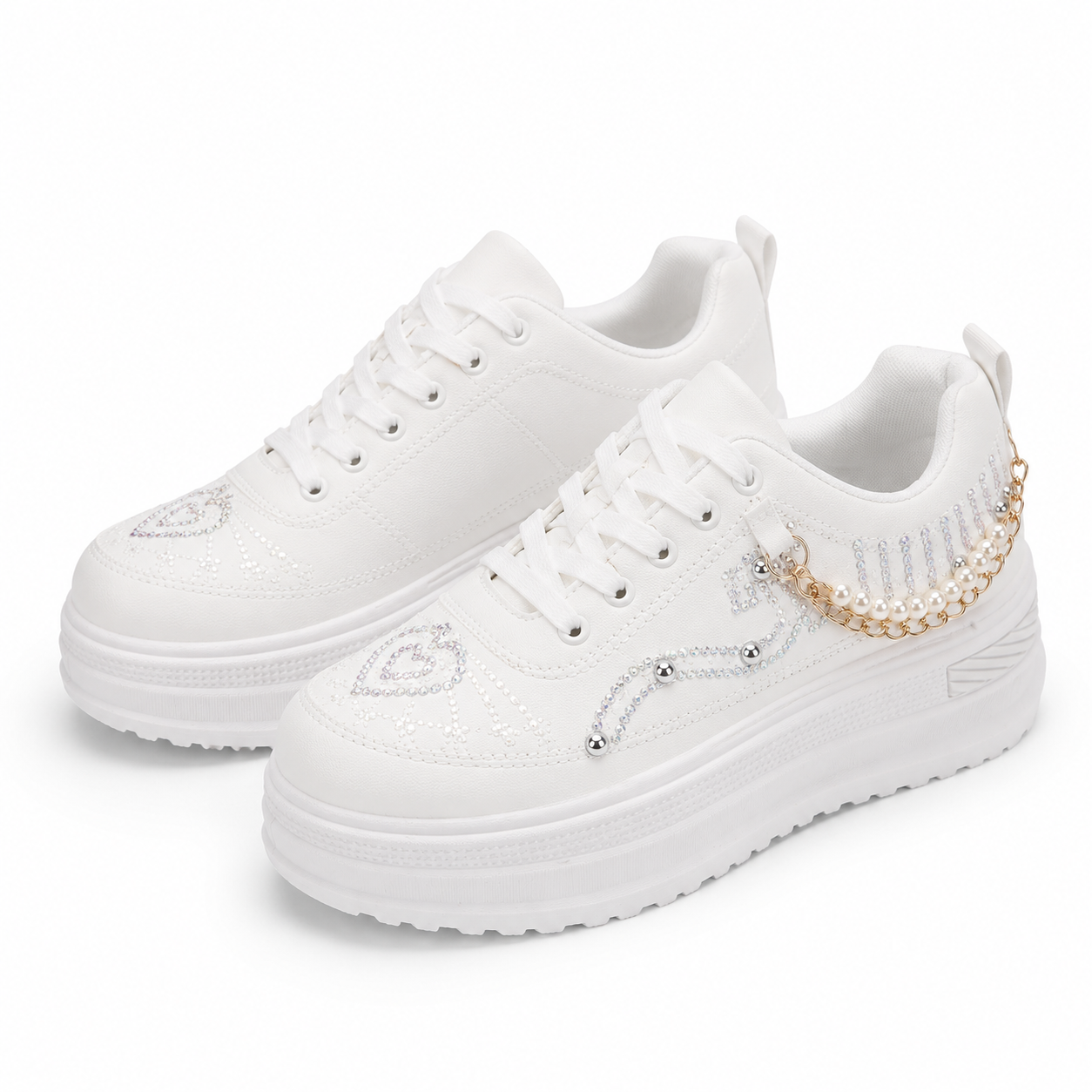 Women’s White Platform Sneakers with Pearl Chain