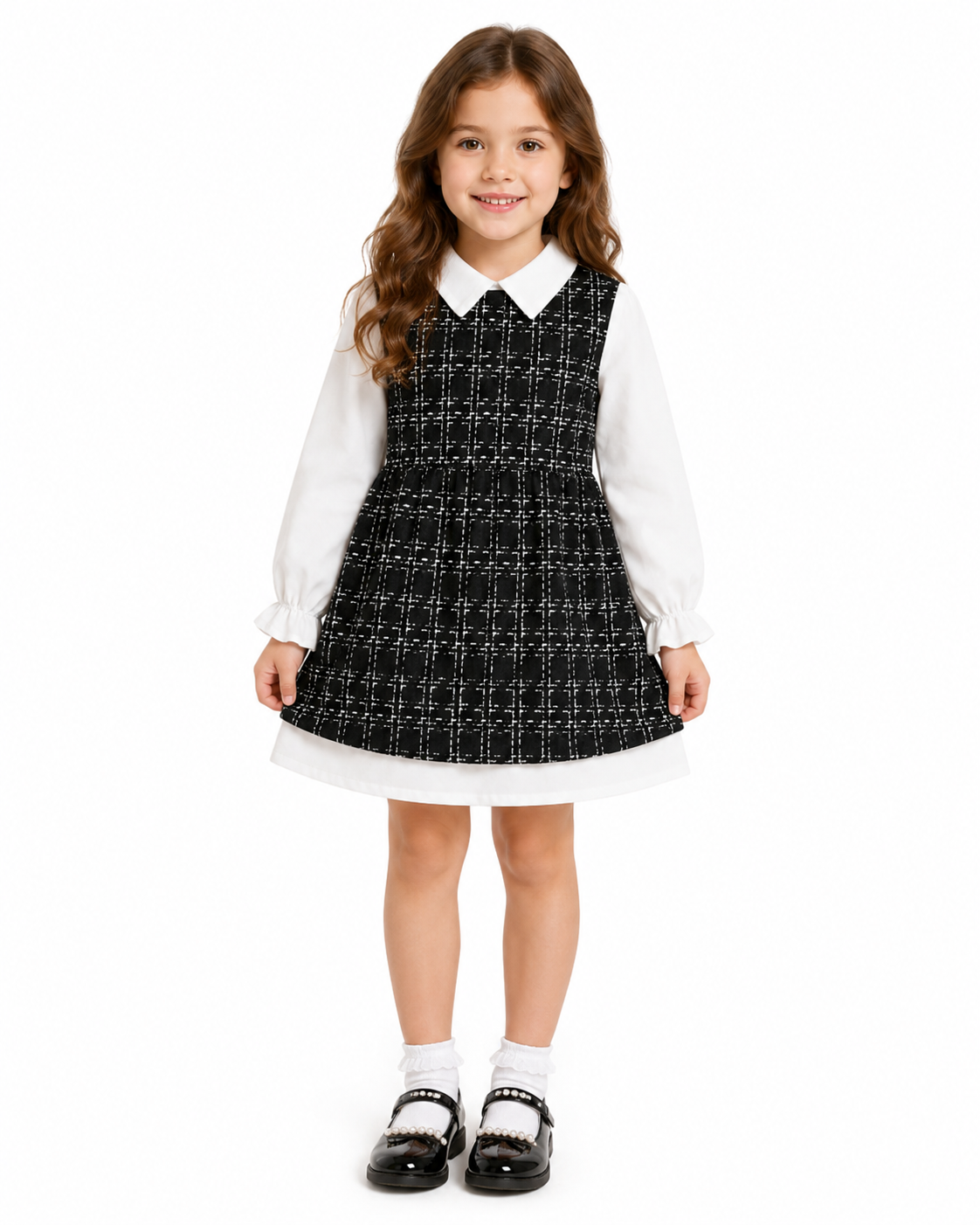 Girls Black & White Plaid Layered Dress thumb 2