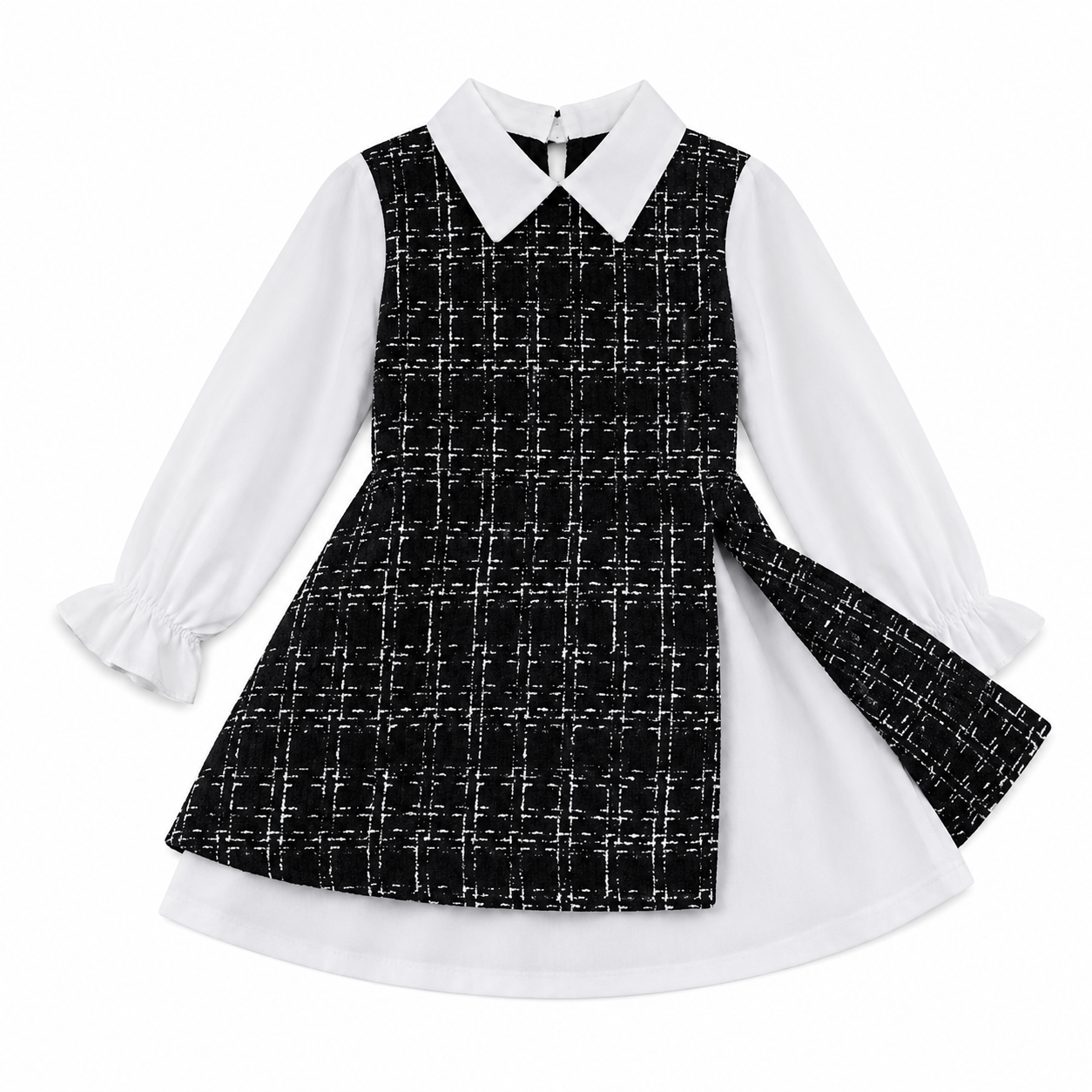 Girls Black & White Plaid Layered Dress