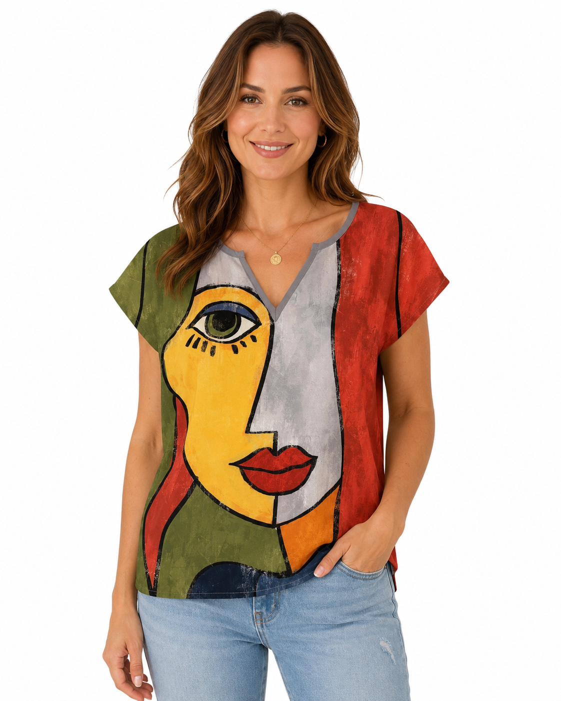Women’s Multicolor Portrait Print V-Neck Shirt thumb 2