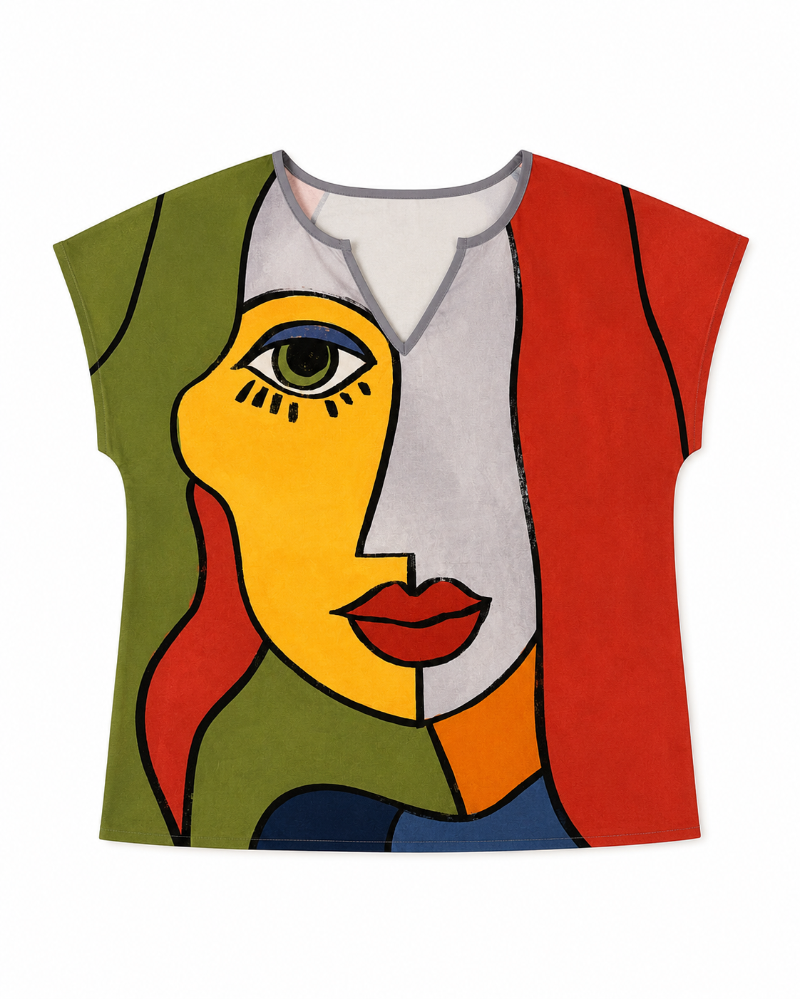Women’s Multicolor Portrait Print V-Neck Shirt
