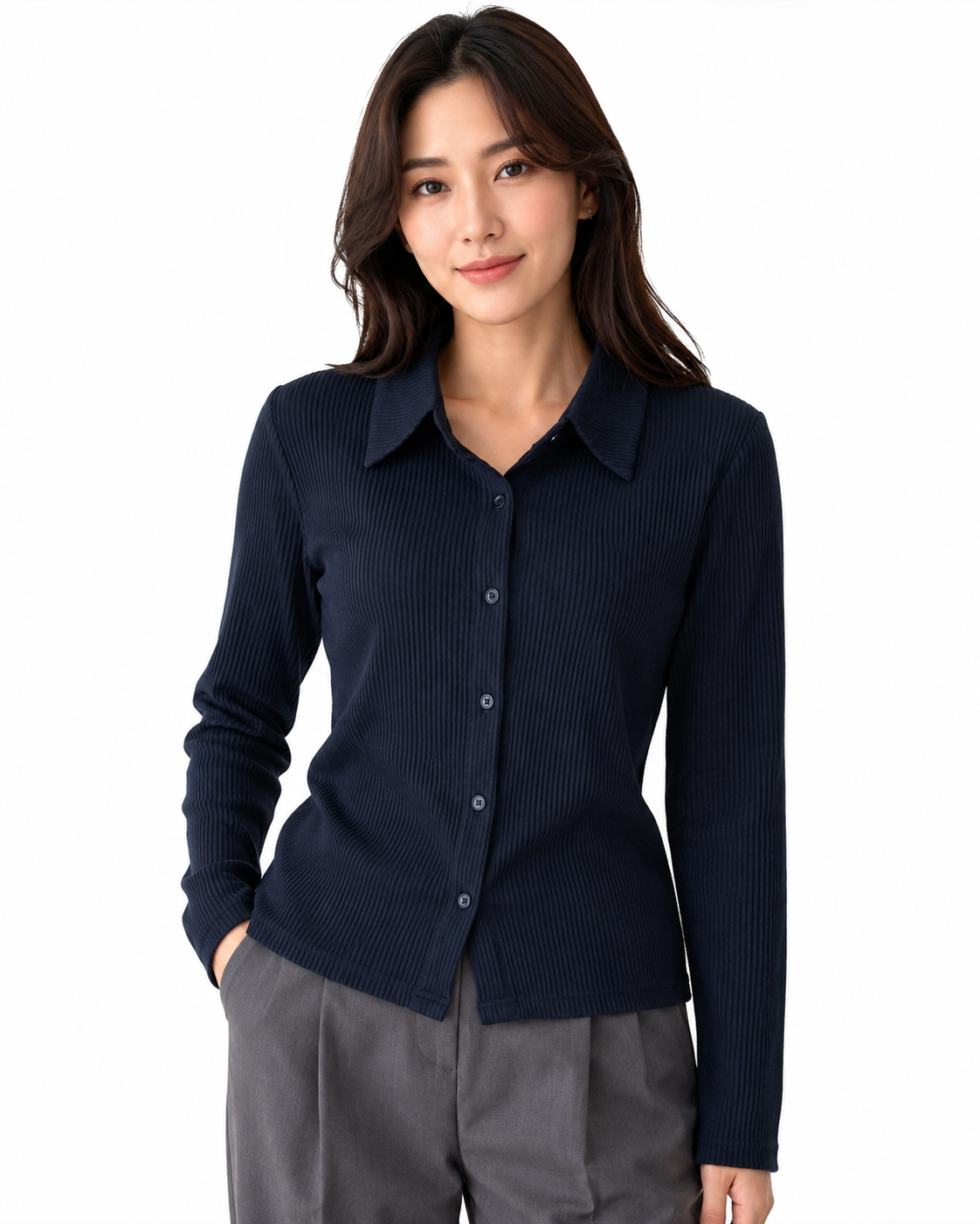 Navy Blue Ribbed Button Front Long Sleeve Top thumb 2