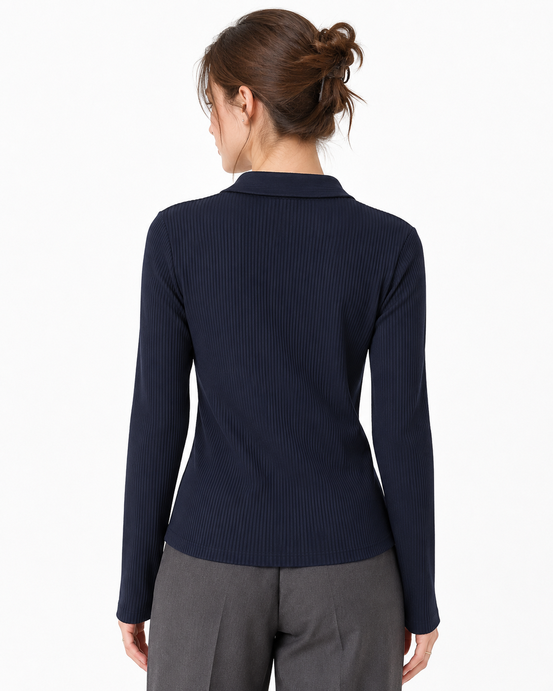 Navy Blue Ribbed Button Front Long Sleeve Top thumb 3