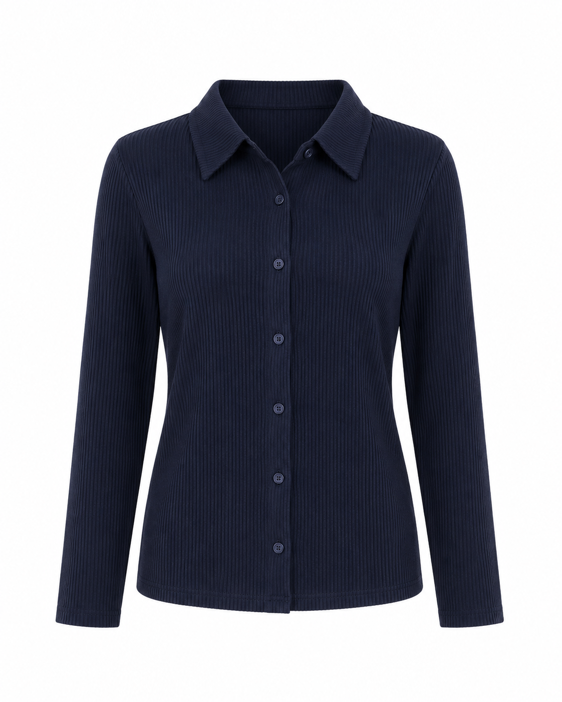 Navy Blue Ribbed Button Front Long Sleeve Top