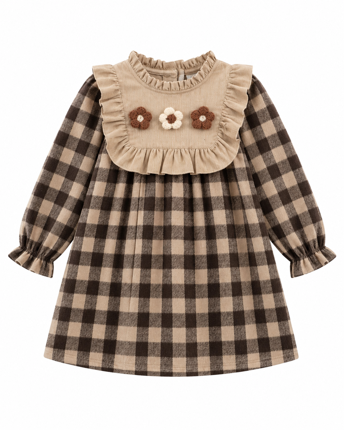 Girls Plaid Floral Long Sleeve Dress