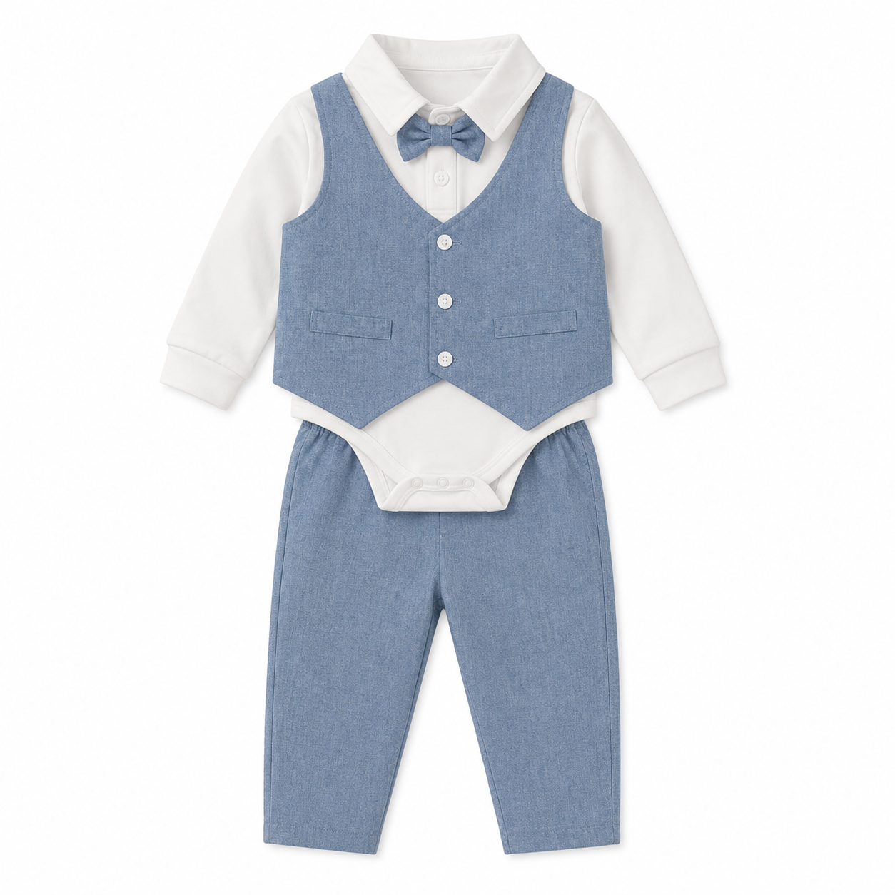 Baby Boys Formal 4pcs Outfit Set with Bodysuit, Bow Tie, Vest and Pants