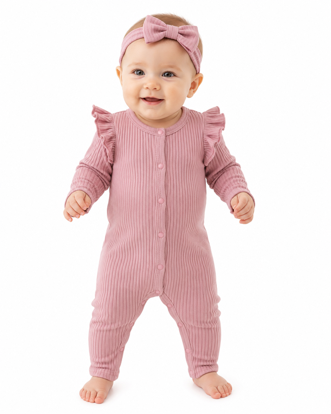 Newborn Baby Girls’ Autumn/winter Cute & Comfy Pink Footed Jumpsuit With Snap Button, Headband And Ruffle Detail thumb 2