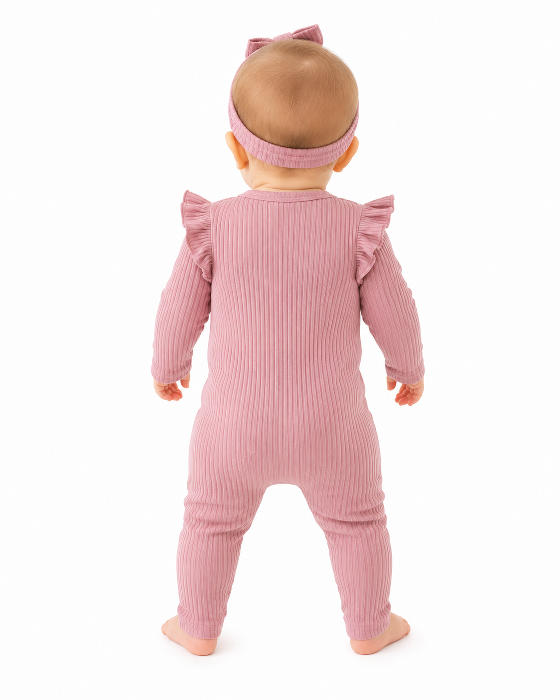 Newborn Baby Girls’ Autumn/winter Cute & Comfy Pink Footed Jumpsuit With Snap Button, Headband And Ruffle Detail thumb 3