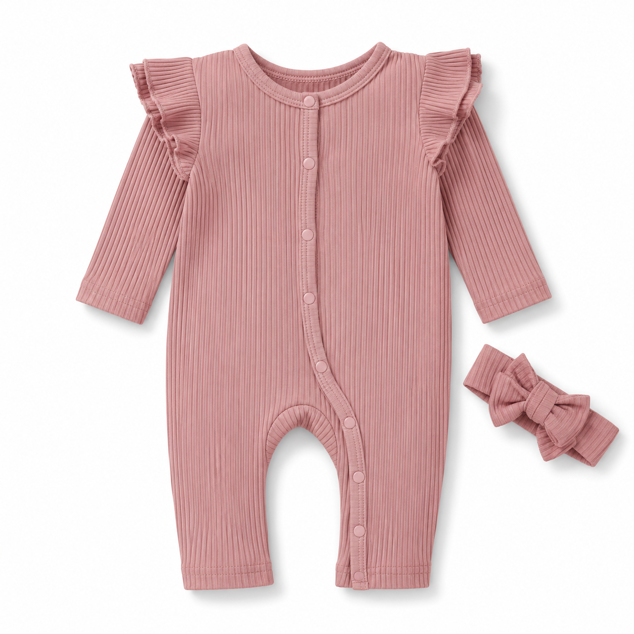 Newborn Baby Girls’ Autumn/winter Cute & Comfy Pink Footed Jumpsuit With Snap Button, Headband And Ruffle Detail