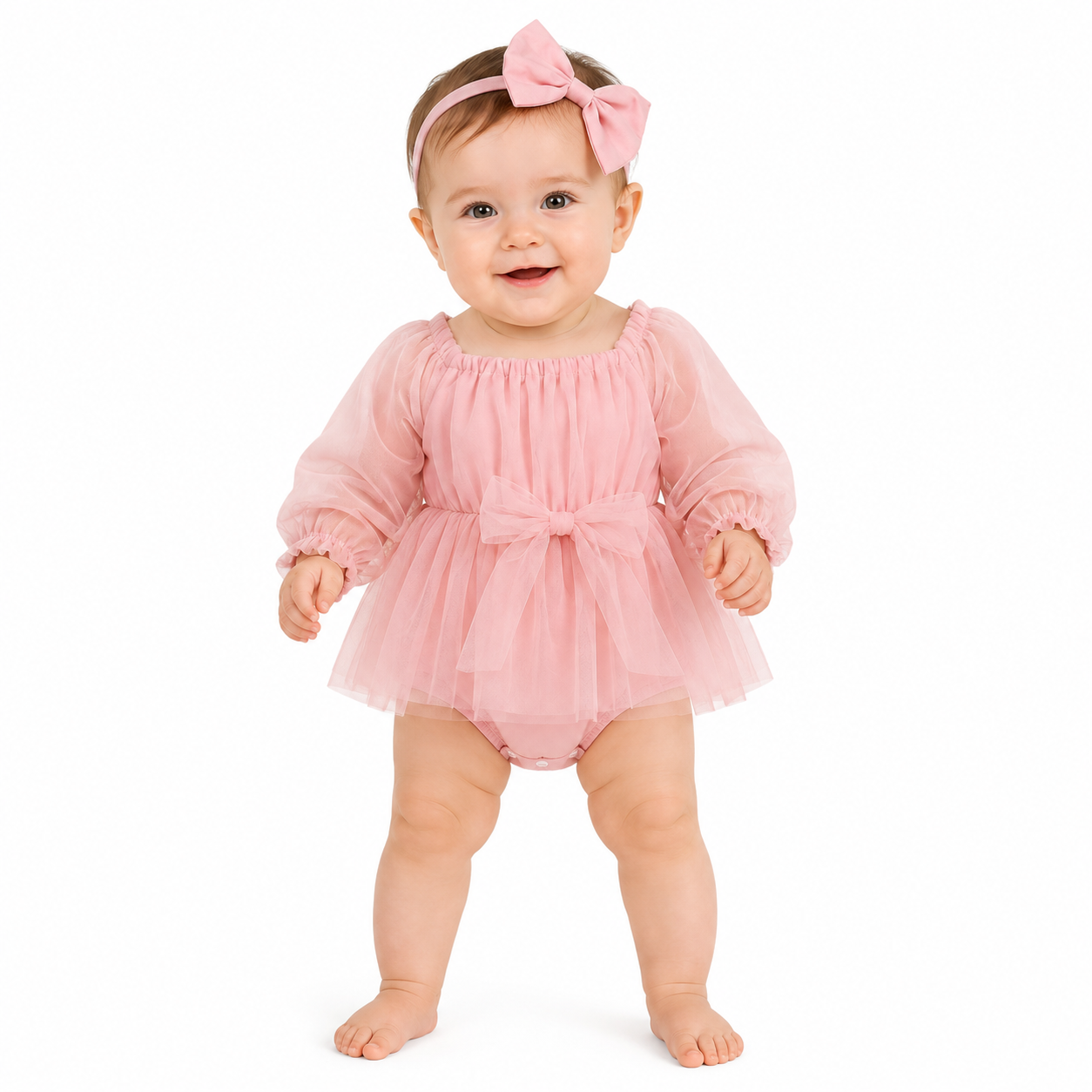 Baby Girl Contrast Lace Flounce Sleeve Mesh Overlay Bodysuit & Headband thumb 2