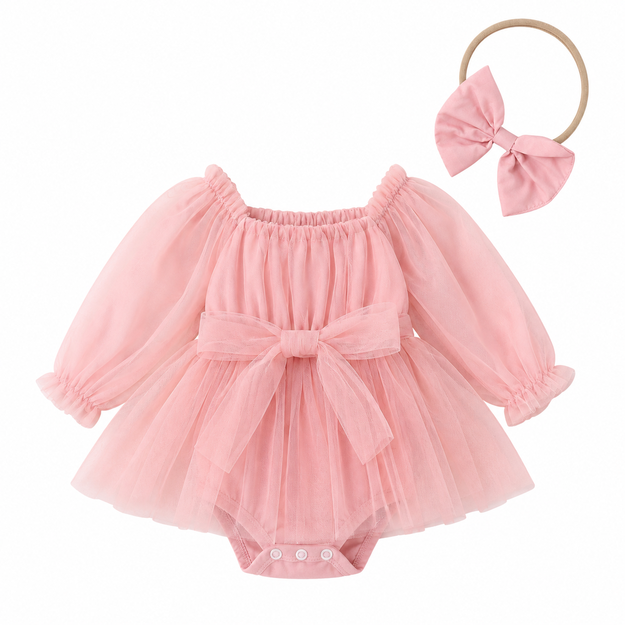 Baby Girl Contrast Lace Flounce Sleeve Mesh Overlay Bodysuit & Headband