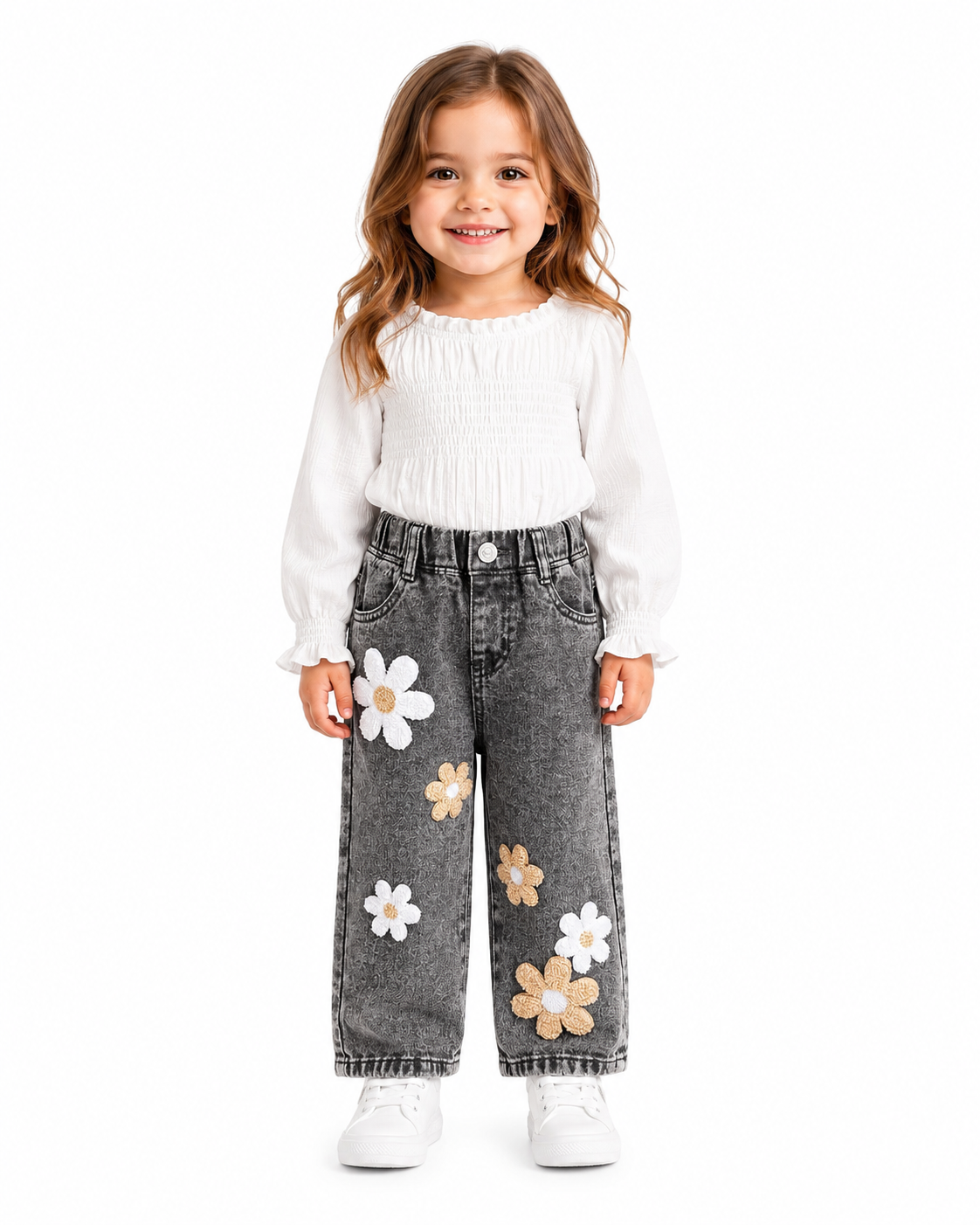 Baby Girl Grey Flower Applique Straight Leg Jeans thumb 2