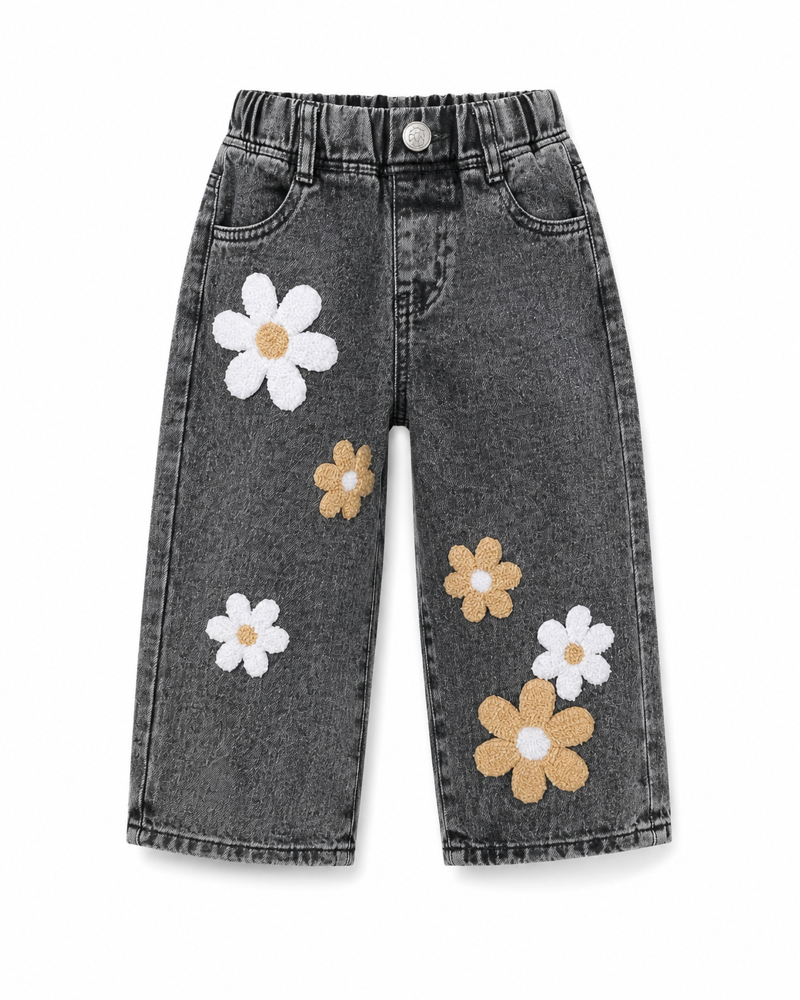 Baby Girl Grey Flower Applique Straight Leg Jeans