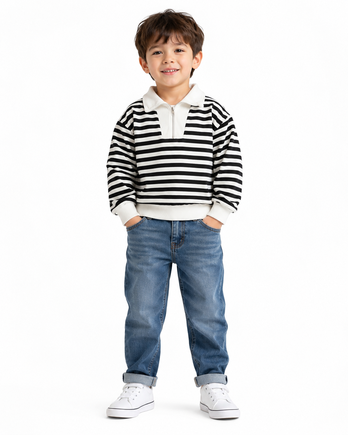 Young Boys Black & White Striped Half-Zip Sweatshirt thumb 2