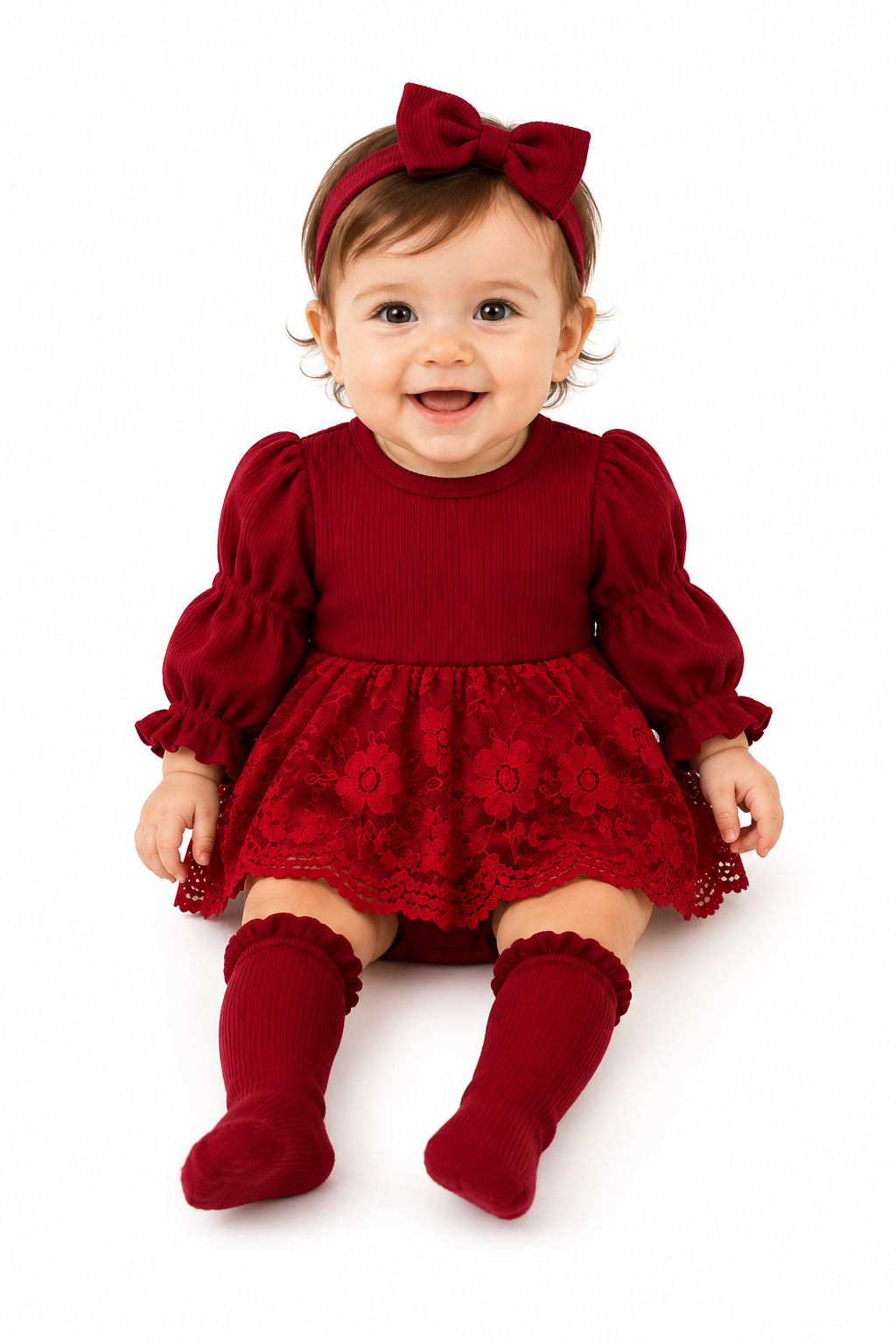 Baby Girl Red Lace Patchwork Long Sleeve Romper Dress Set thumb 2
