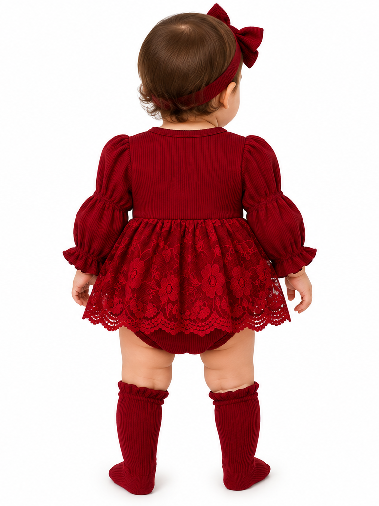 Baby Girl Red Lace Patchwork Long Sleeve Romper Dress Set thumb 3
