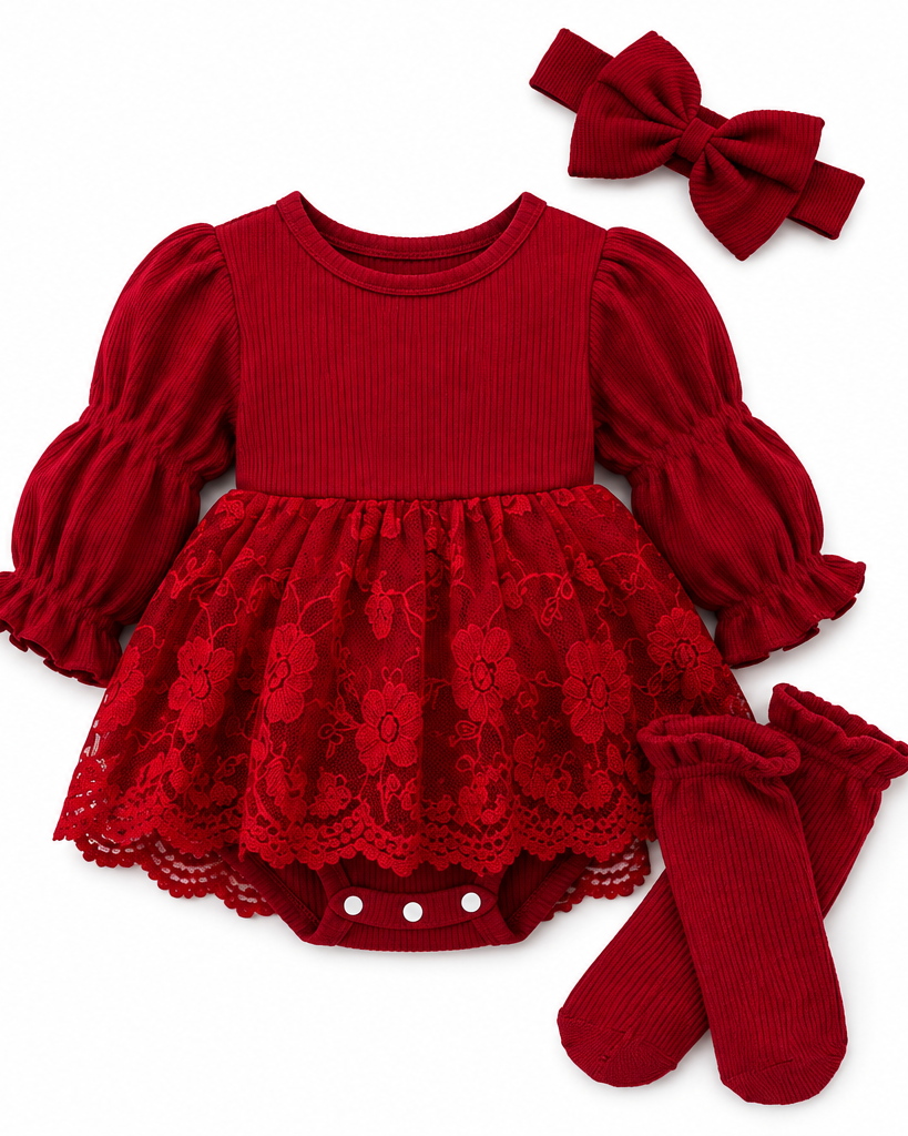 Baby Girl Red Lace Patchwork Long Sleeve Romper Dress Set