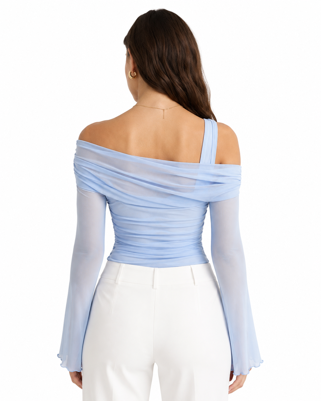 Women Sky Blue Off Shoulder Flared Sleeve Top thumb 3