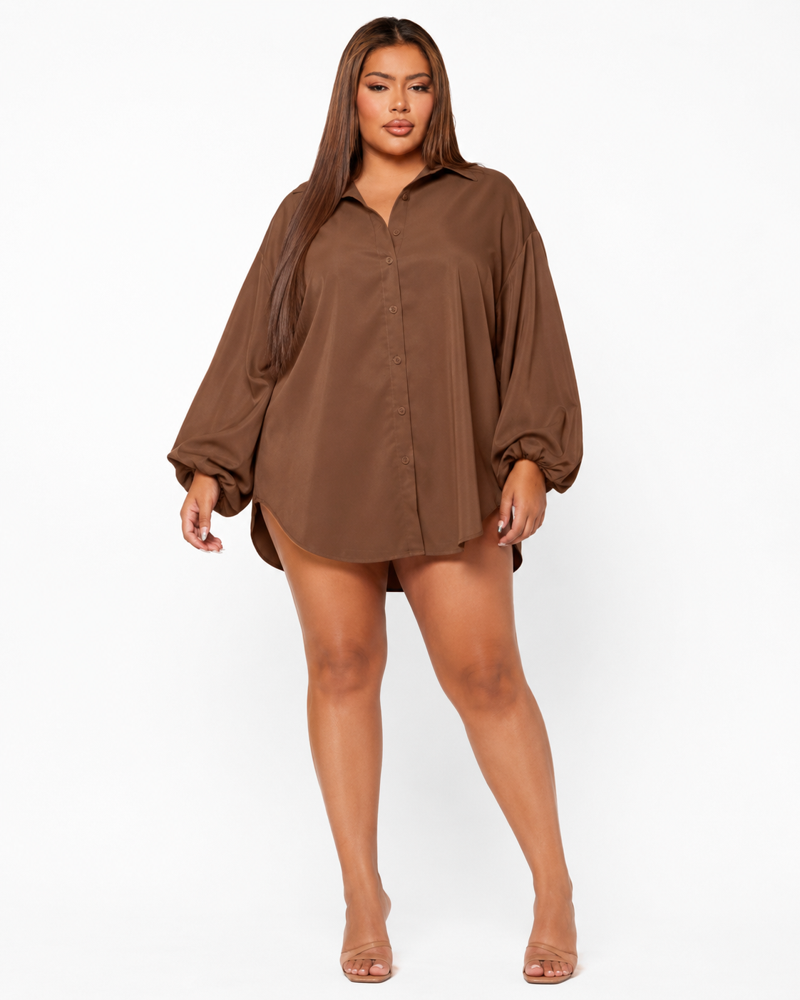 Plus Coffee Brown Lantern Sleeve Curved Hem Shirt thumb 2