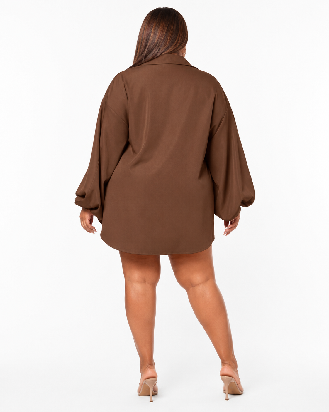 Plus Coffee Brown Lantern Sleeve Curved Hem Shirt thumb 3