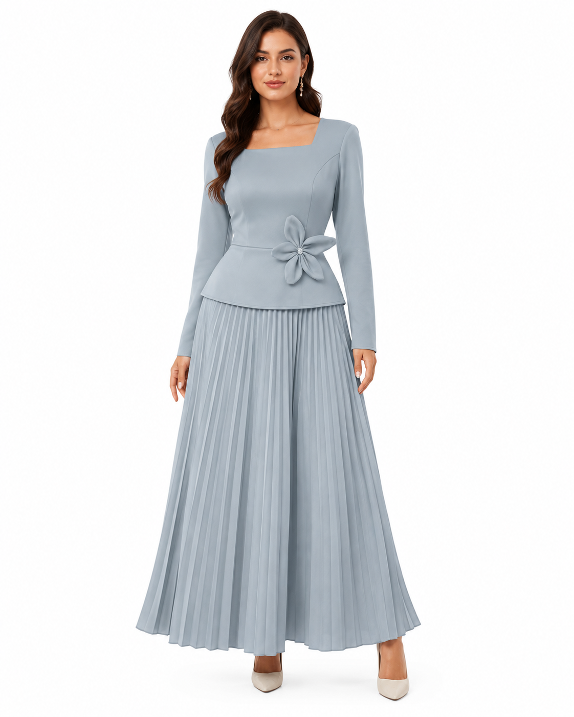 Women Baby Blue Pleated Hem Dress thumb 2
