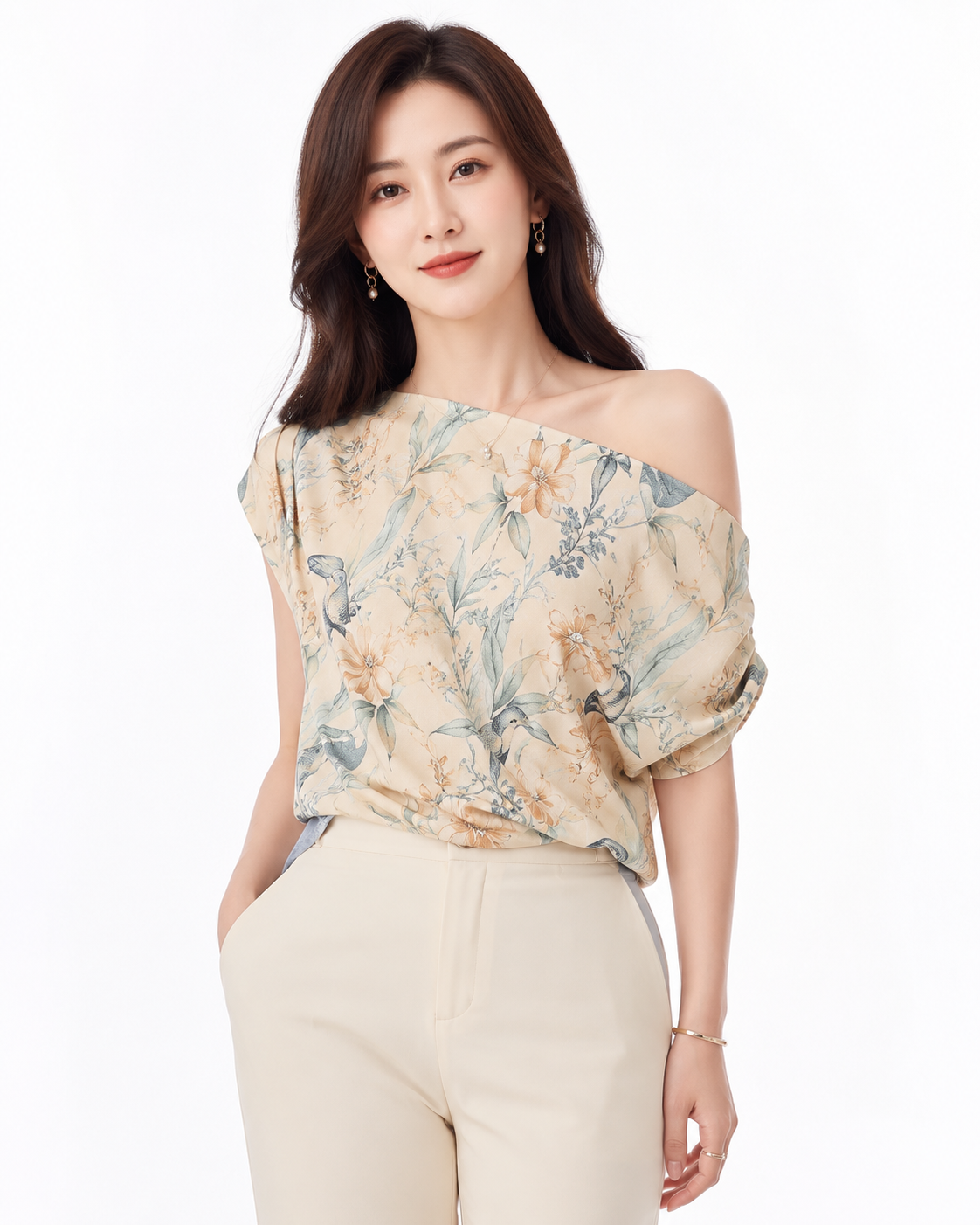 Floral Print Asymmetrical Shoulder Top thumb 2