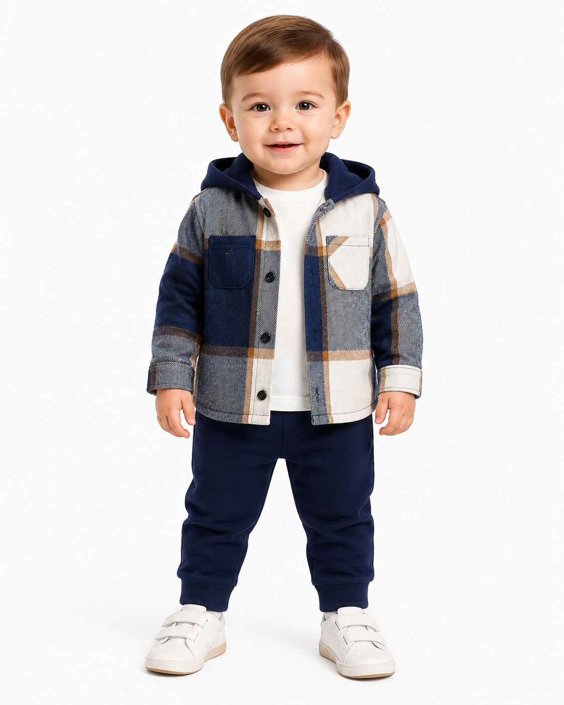 Baby Boy Navy Blue Plaid Hooded Jacket & Pants Set thumb 2