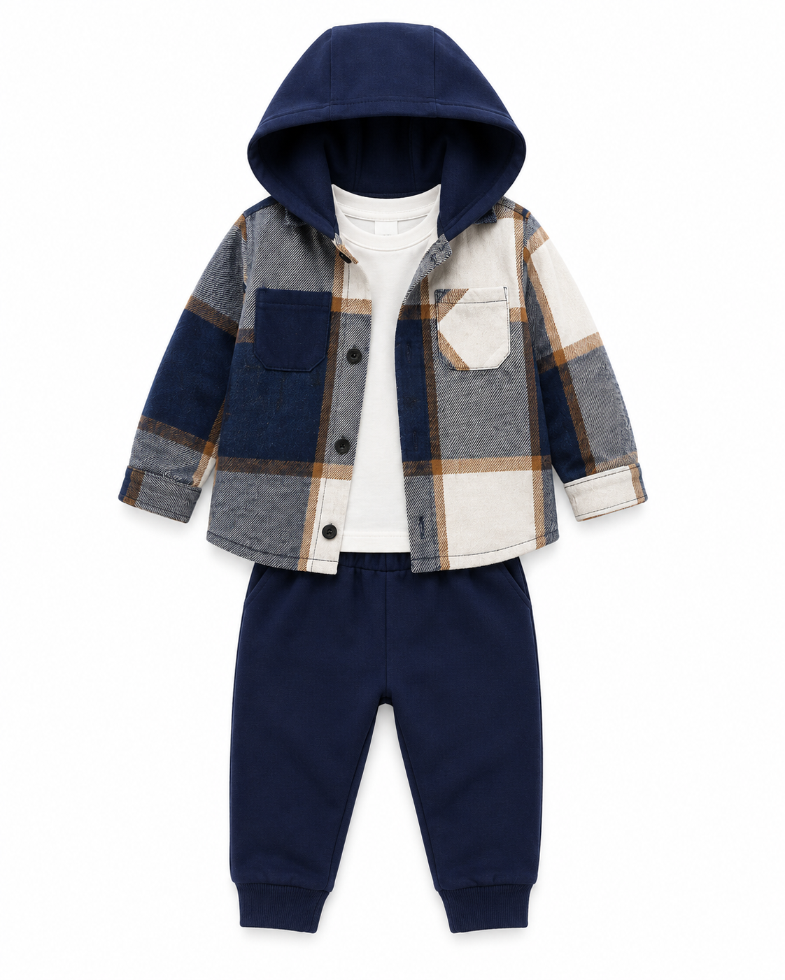Baby Boy Navy Blue Plaid Hooded Jacket & Pants Set