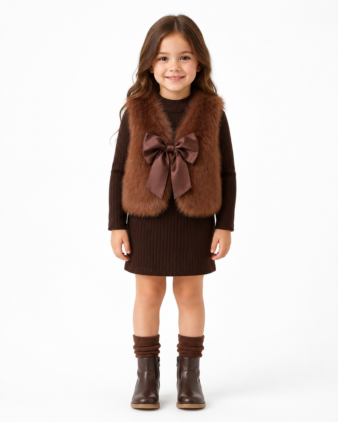 Girls Brown Furry Vest & Dress Set thumb 2