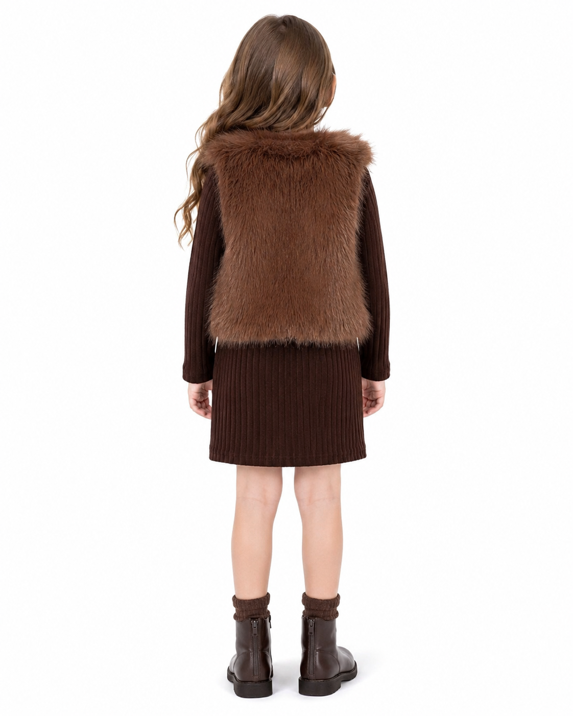 Girls Brown Furry Vest & Dress Set thumb 3