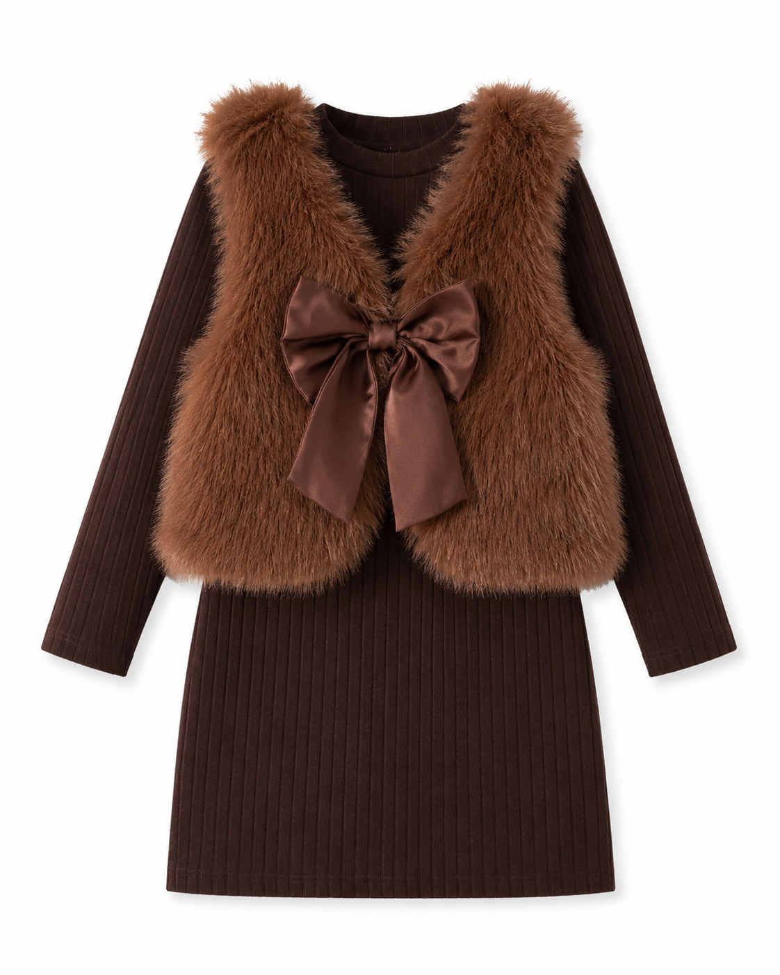 Girls Brown Furry Vest & Dress Set