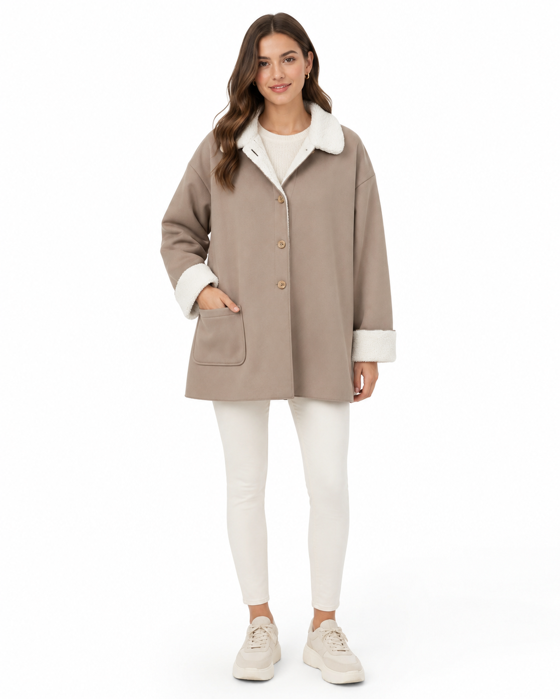 Women Contrast Color Collar Fleece Jacket thumb 2