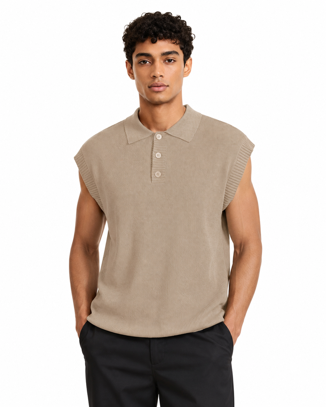 Men’s Grey Ribbed Sleeveless Polo thumb 2