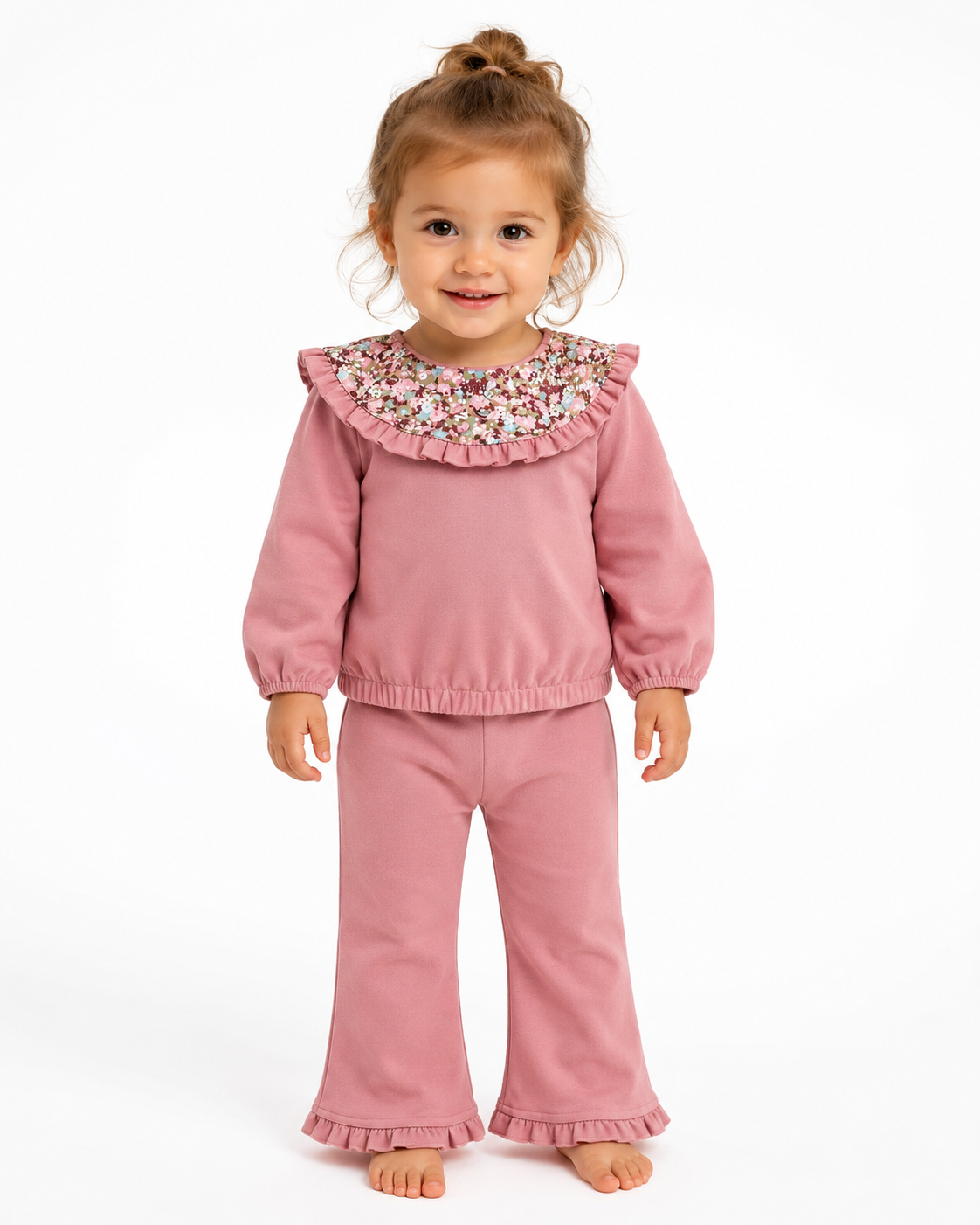 Baby Girl Pink Floral Ruffle Collar Top & Pants Set thumb 2
