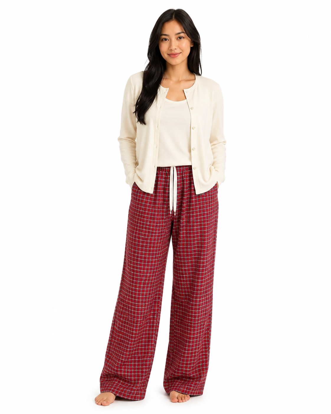 3pcs Soft Knit Cardigan, Sleeveless Top & Plaid Pajama Pants Set thumb 2
