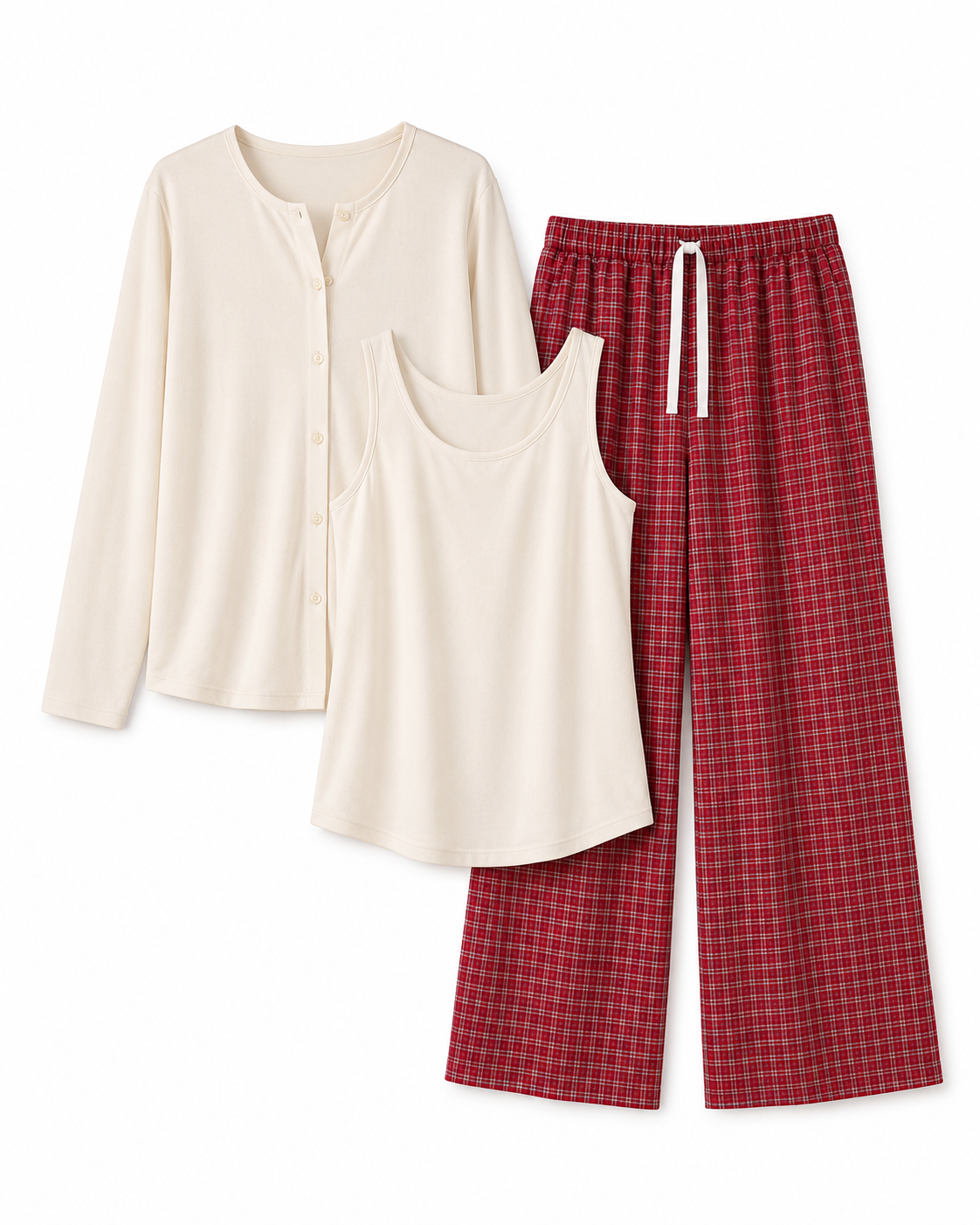 3pcs Soft Knit Cardigan, Sleeveless Top & Plaid Pajama Pants Set