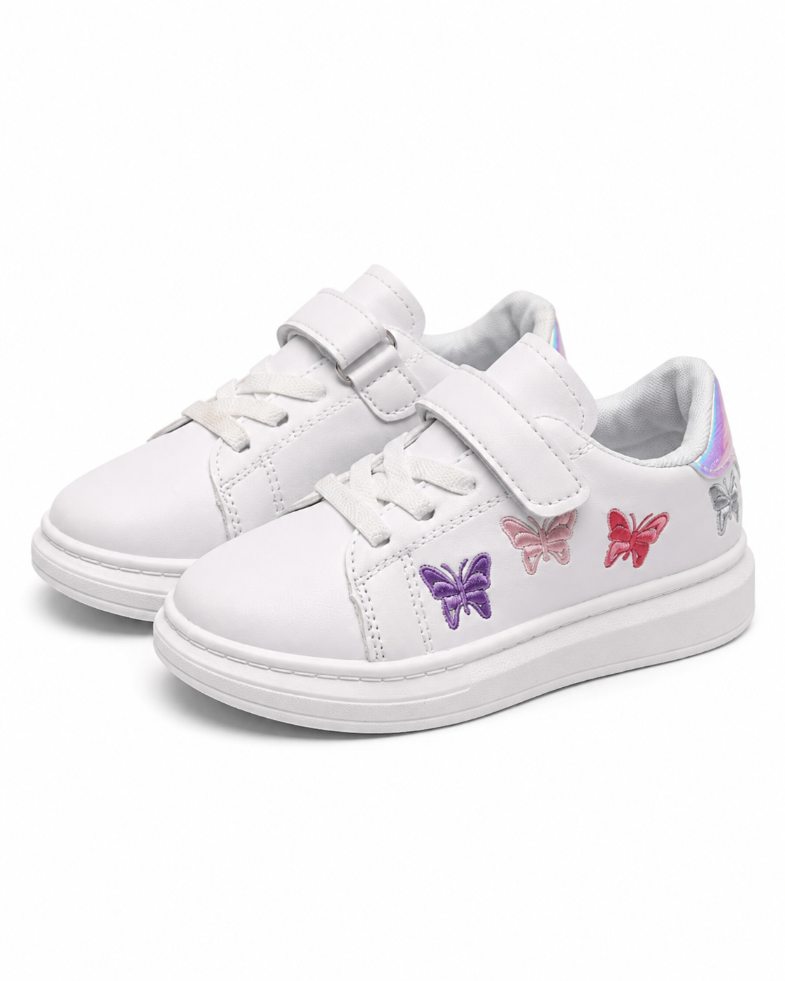 Girls’ Plus Size Versatile White Sneakers, Colorful Butterfly Contrast Sports Shoes