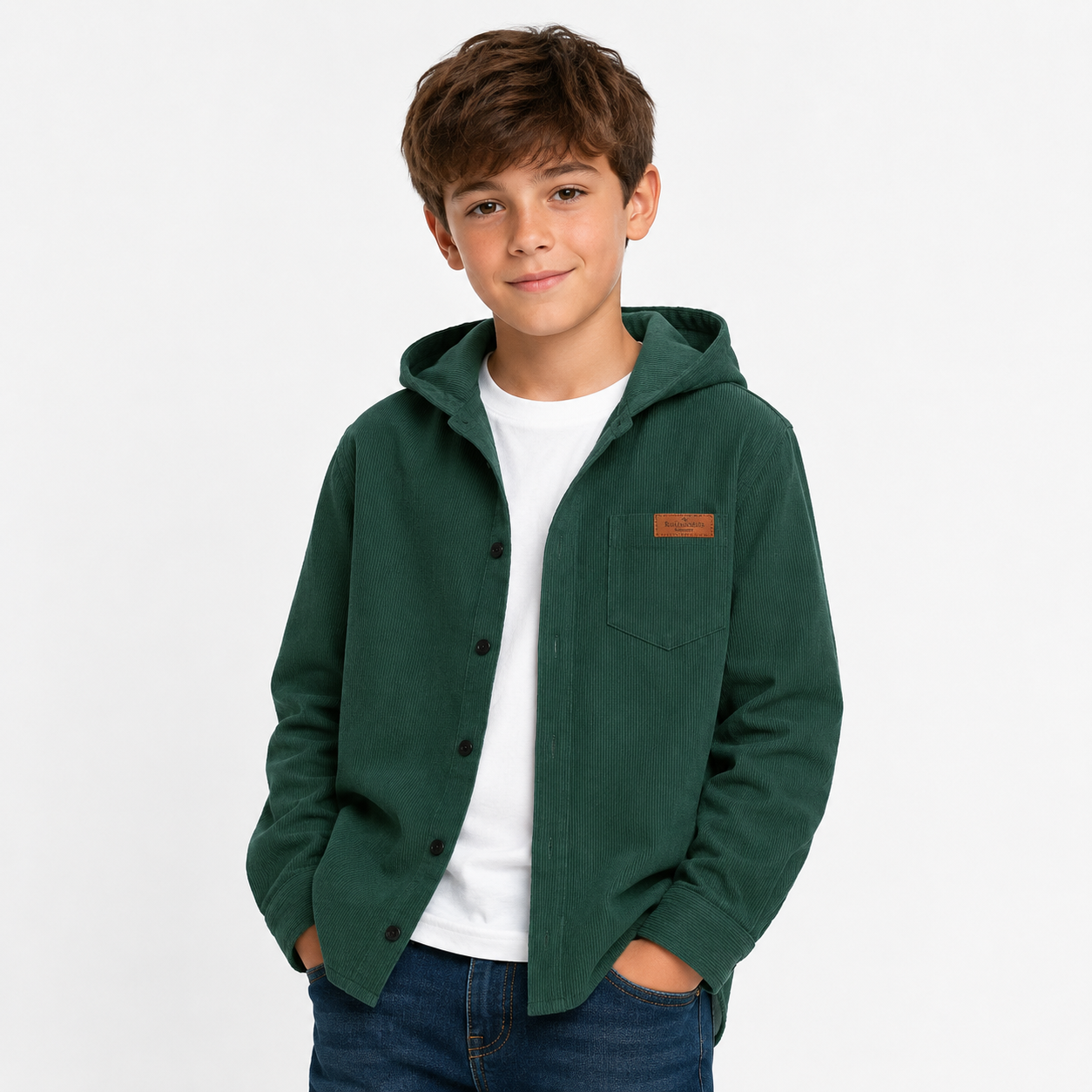 Tween Boys’ Casual Corduroy Patch Hooded Loose Woven Shirt thumb 2
