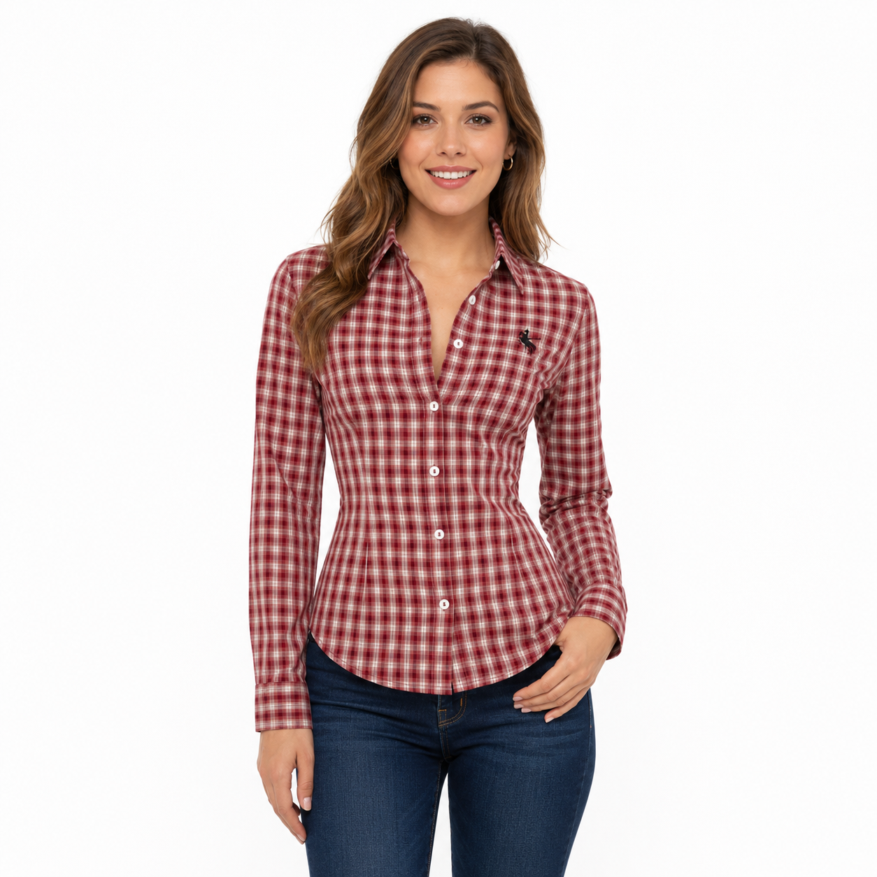 Flamini 1pc Women’s Red Plaid Embroidered Slim Fit Button-Down Long Sleeve Shirt thumb 2
