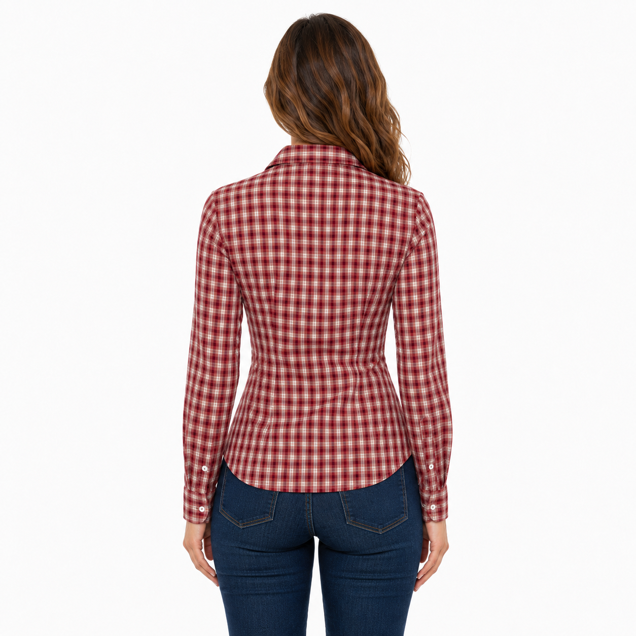 Flamini 1pc Women’s Red Plaid Embroidered Slim Fit Button-Down Long Sleeve Shirt thumb 3