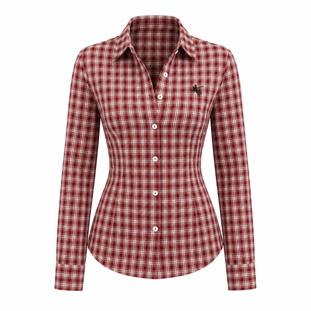 Flamini 1pc Women’s Red Plaid Embroidered Slim Fit Button-Down Long Sleeve Shirt