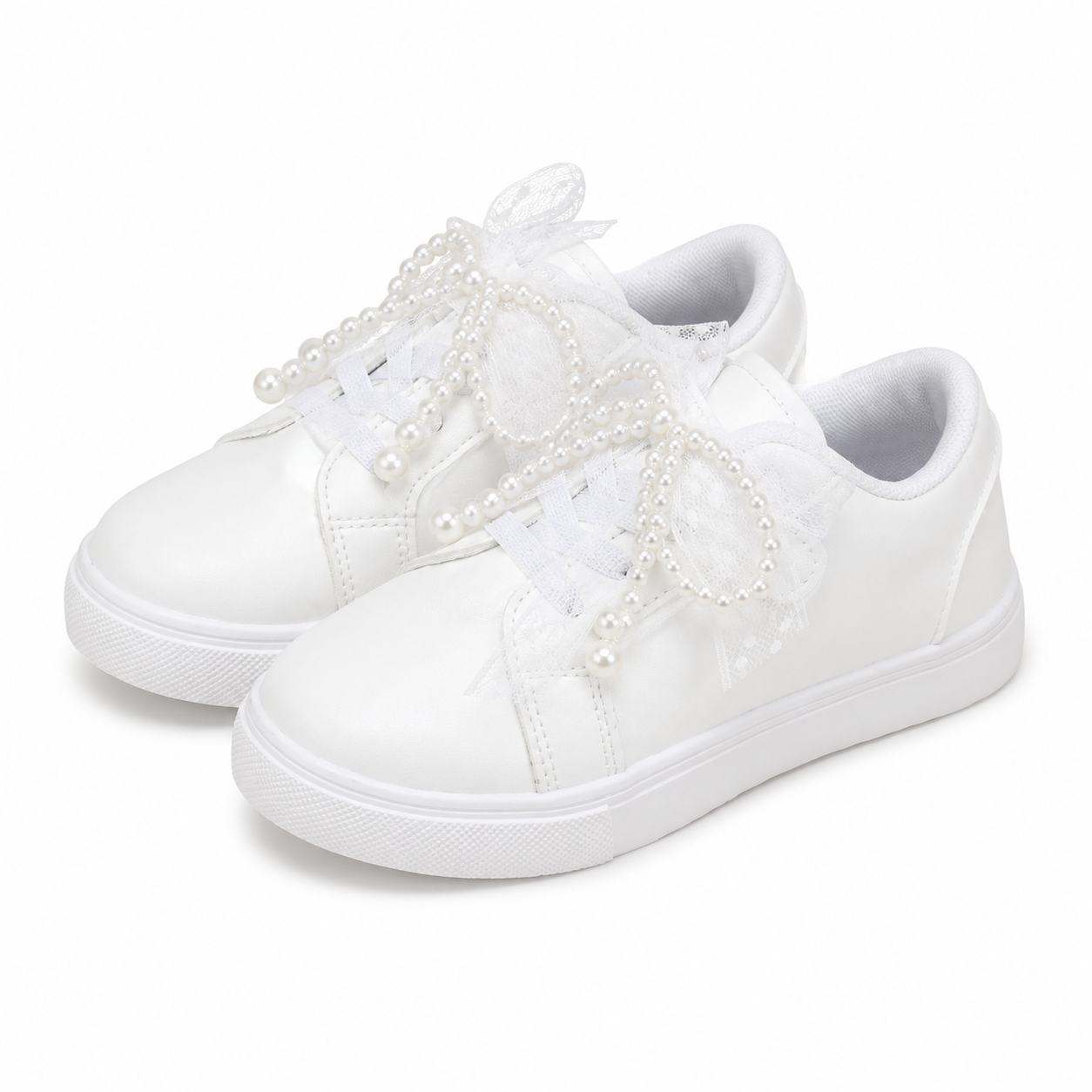 Girl’s New Style White Casual Sneakers With Lace & Pearl Embellishments thumb 2
