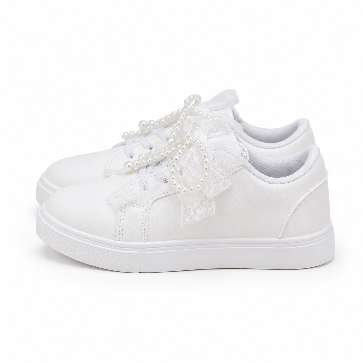 Girl’s New Style White Casual Sneakers With Lace & Pearl Embellishments thumb 3
