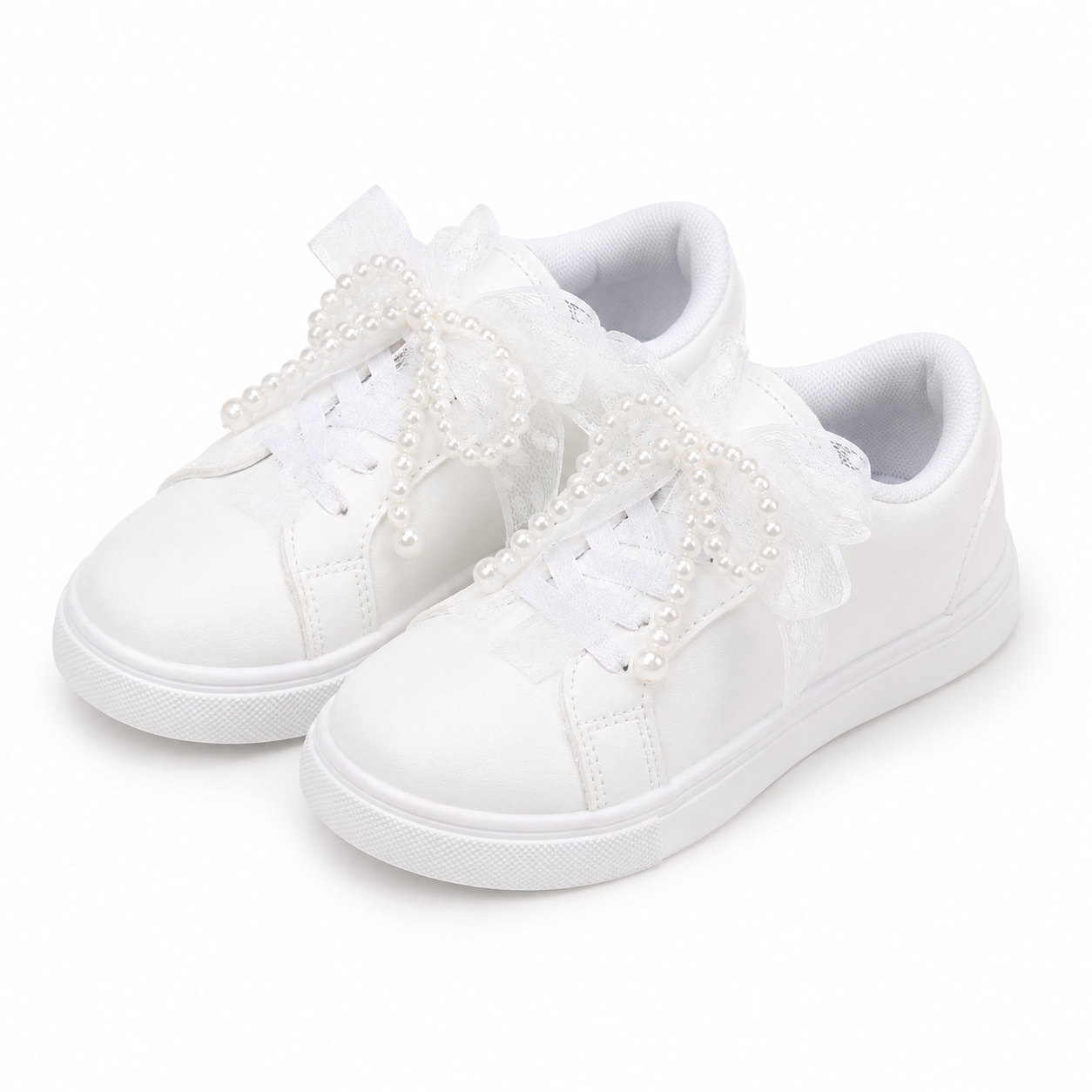 Girl’s New Style White Casual Sneakers With Lace & Pearl Embellishments