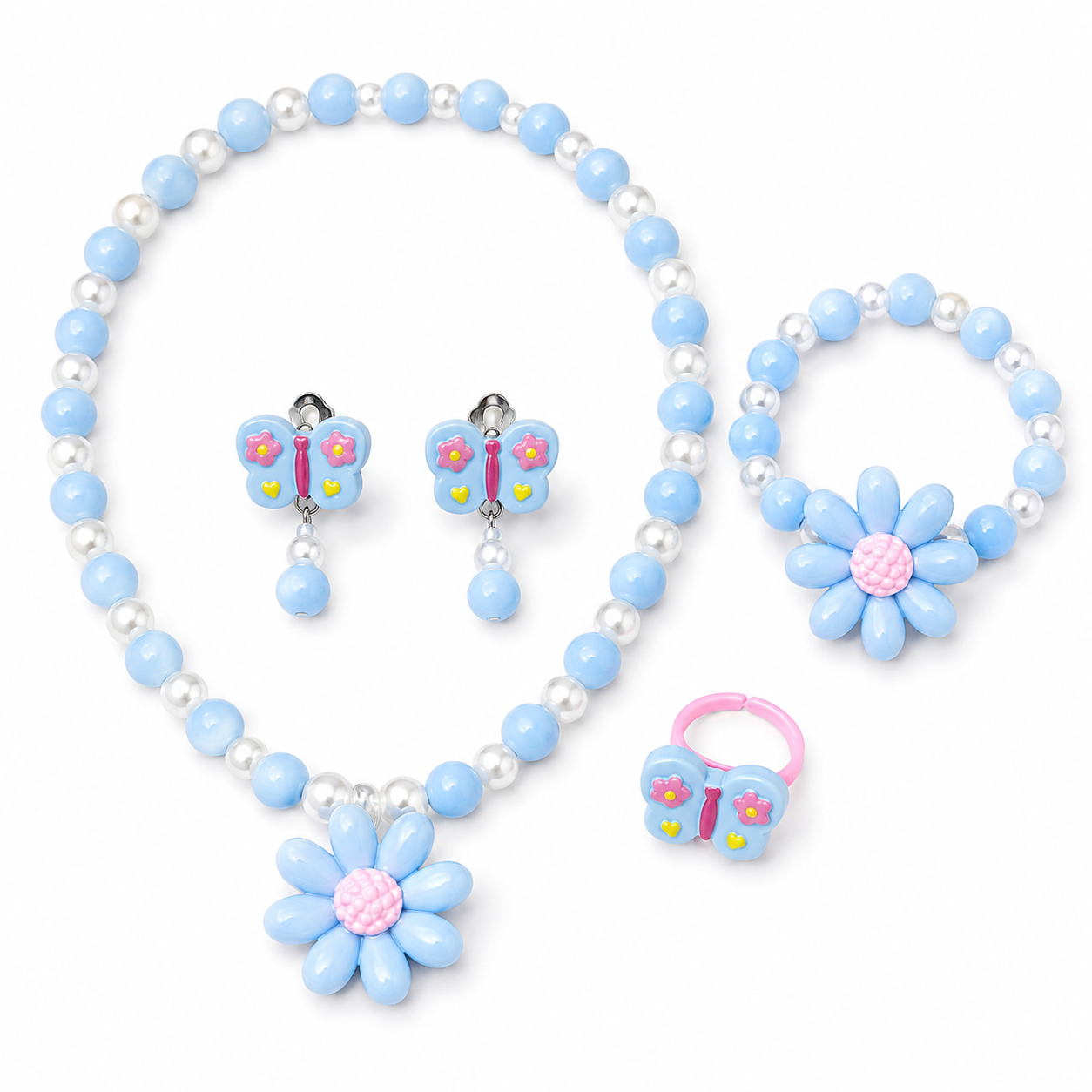 5pcs/Set Flower & Butterfly Necklace, Bracelet, Ring, Earrings Jewelry Set